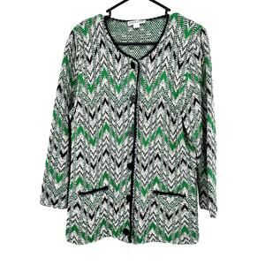 Pendleton Size Large Sweater Jacket Silk Green Black White Chevron Knit Cardigan